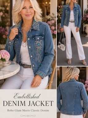 Christine Alexander Blue Embellished Denim Jacket with Turquoise Accents